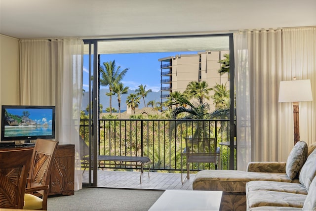 living room featuring carpet and floor to ceiling windows