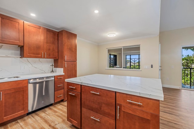 kitchen featuring decorative backsplash, light stone counters, ornamental molding, light hardwood / wood-style flooring, and dishwasher