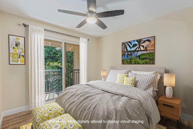 bedroom featuring access to exterior, hardwood / wood-style floors, and ceiling fan