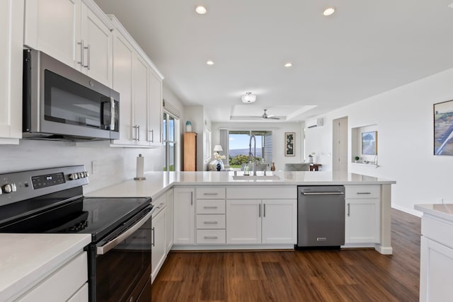 115 Nanu Pl, Wailuku, HI 96793 - kitchen with stainless steel appliances, dark wood-style floors, a peninsula, white cabinetry, and light countertops