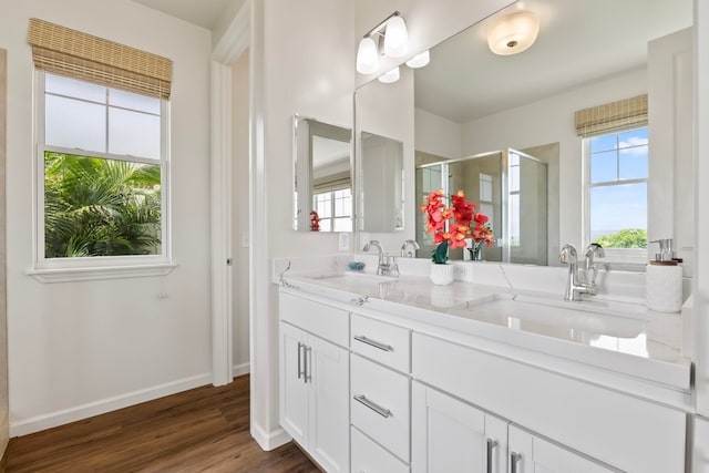 115 Nanu Pl, Wailuku, HI 96793 - bathroom with double vanity, a shower stall, healthy amount of natural light, and wood finished floors