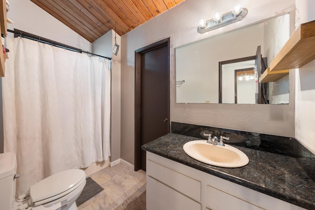 bathroom featuring lofted ceiling, toilet, wood ceiling, vanity, and a shower with shower curtain