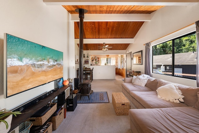 carpeted living room with lofted ceiling with beams, ceiling fan, a wood stove, and wood ceiling