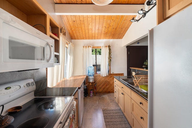 kitchen with vaulted ceiling, wooden ceiling, and white appliances