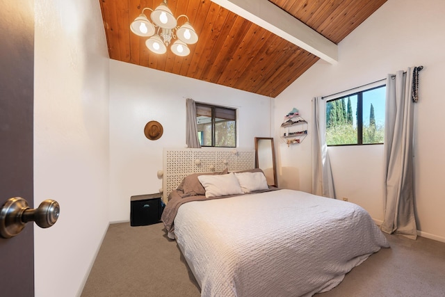 bedroom with lofted ceiling with beams, carpet, an inviting chandelier, and wood ceiling