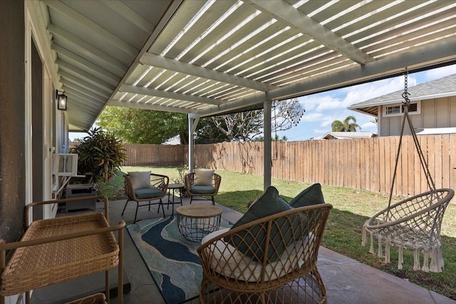 view of terrace featuring a pergola and an outdoor living space