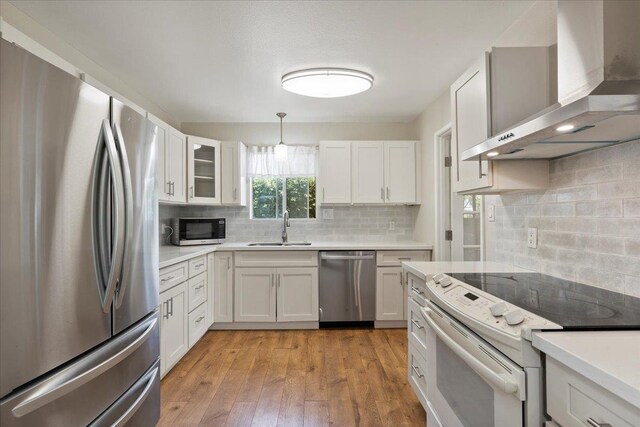 kitchen with light wood-type flooring, backsplash, wall chimney exhaust hood, sink, and appliances with stainless steel finishes