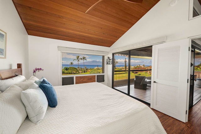 bedroom featuring access to outside, lofted ceiling, wooden ceiling, and dark hardwood / wood-style floors