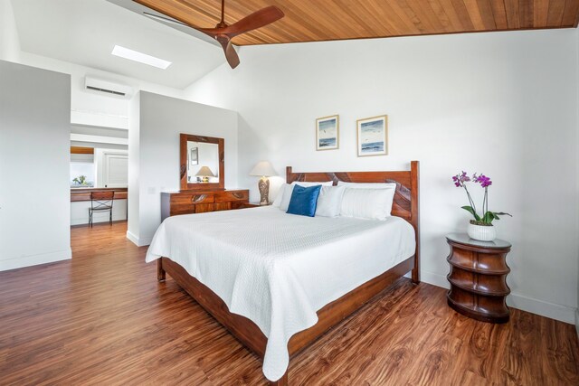 bedroom with dark wood-type flooring, ceiling fan, high vaulted ceiling, and wooden ceiling