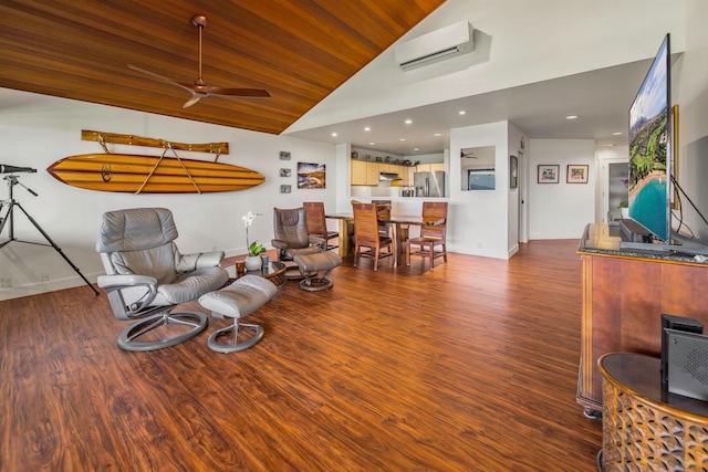 living room featuring a wall mounted AC, ceiling fan, dark hardwood / wood-style flooring, high vaulted ceiling, and wooden ceiling