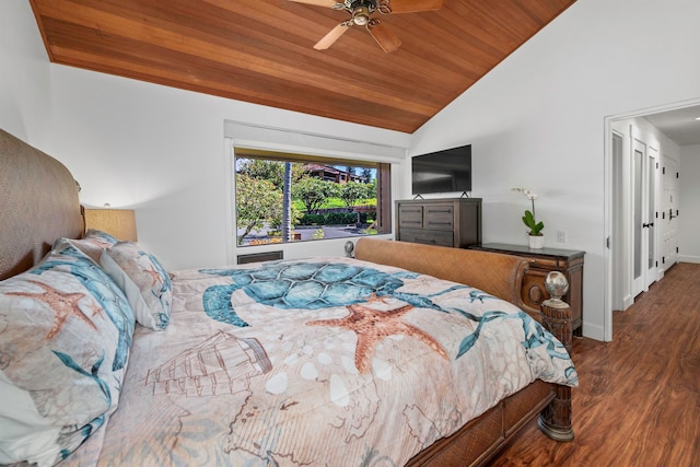 bedroom with lofted ceiling, hardwood / wood-style floors, wood ceiling, and ceiling fan