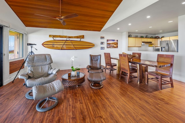 interior space with ceiling fan, wooden ceiling, lofted ceiling, and hardwood / wood-style floors