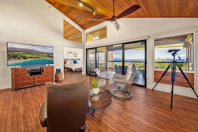 living room featuring hardwood / wood-style floors, wooden ceiling, and ceiling fan