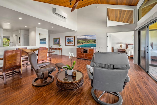 living room featuring wooden ceiling, a wall mounted air conditioner, high vaulted ceiling, and dark hardwood / wood-style flooring