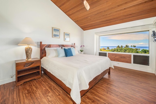 bedroom featuring wood ceiling, lofted ceiling, dark hardwood / wood-style flooring, and ceiling fan