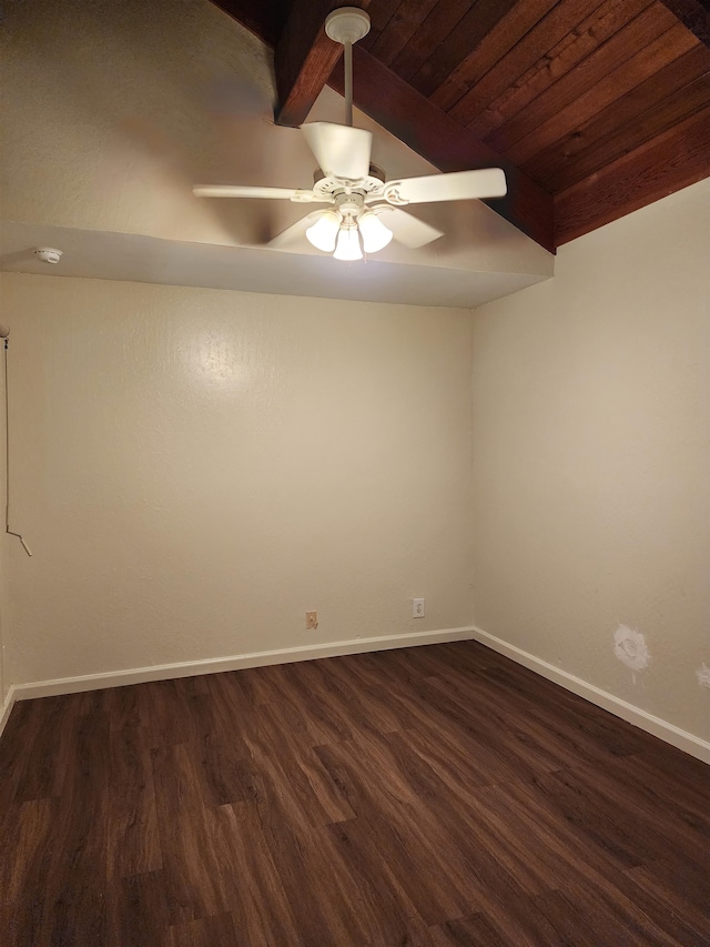 spare room with wood ceiling, vaulted ceiling, ceiling fan, and dark hardwood / wood-style flooring