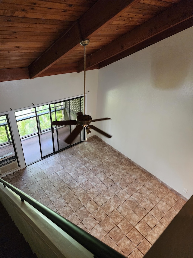 spare room with ceiling fan, lofted ceiling with beams, and wooden ceiling