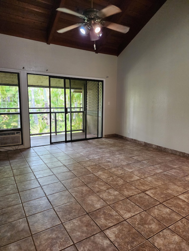 spare room featuring ceiling fan, cooling unit, wood ceiling, beam ceiling, and tile patterned flooring