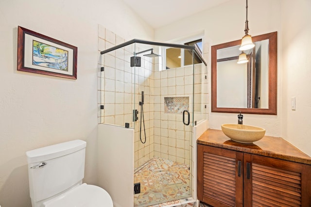 bathroom with vanity, toilet, and an enclosed shower