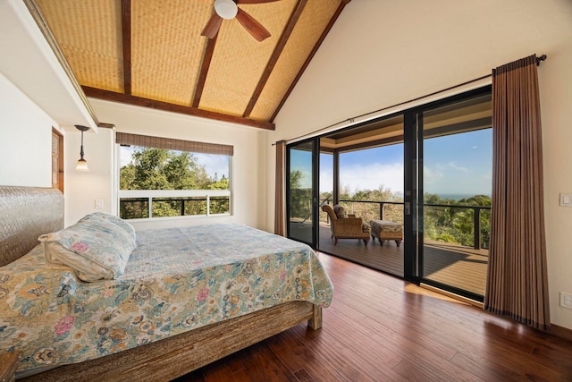 bedroom with access to exterior, ceiling fan, high vaulted ceiling, and hardwood / wood-style flooring