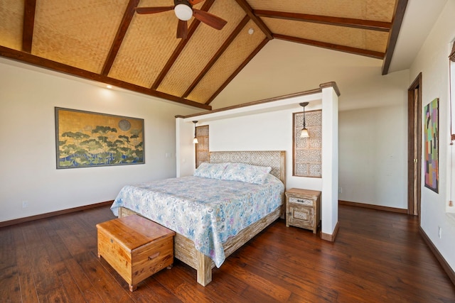 bedroom with ceiling fan, dark hardwood / wood-style floors, beam ceiling, and high vaulted ceiling