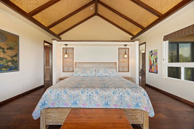 bedroom featuring dark hardwood / wood-style floors, beam ceiling, and high vaulted ceiling