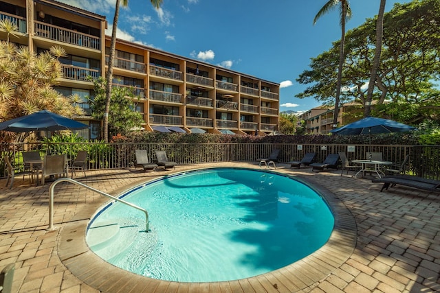 view of swimming pool featuring a patio