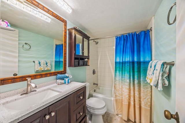 full bathroom with shower / bath combo, toilet, a textured ceiling, and vanity