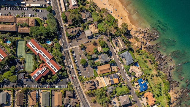 bird's eye view with a water view