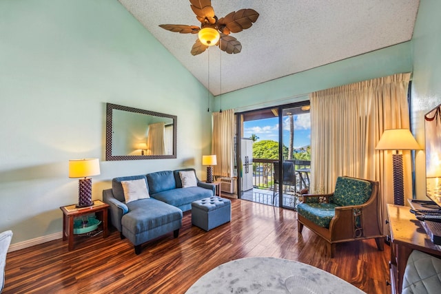 living room with ceiling fan, wood-type flooring, a textured ceiling, and high vaulted ceiling