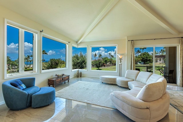 sunroom with baseboards and lofted ceiling with beams