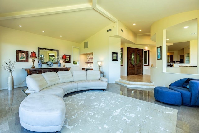 living area with beamed ceiling, baseboards, visible vents, and recessed lighting
