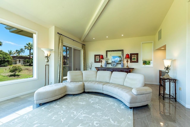 living room featuring recessed lighting, visible vents, baseboards, and vaulted ceiling with beams