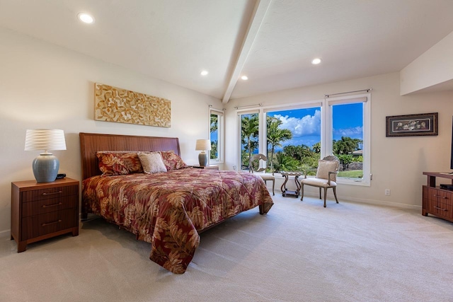 bedroom featuring light carpet, beamed ceiling, baseboards, and recessed lighting