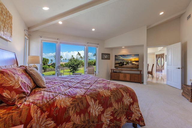 bedroom with light carpet, lofted ceiling with beams, recessed lighting, and access to exterior