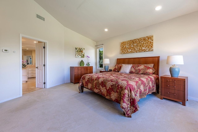 bedroom featuring baseboards, recessed lighting, visible vents, and light colored carpet
