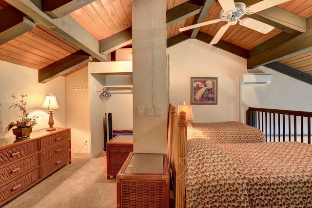 carpeted bedroom with wooden ceiling, vaulted ceiling with beams, ceiling fan, and a wall unit AC