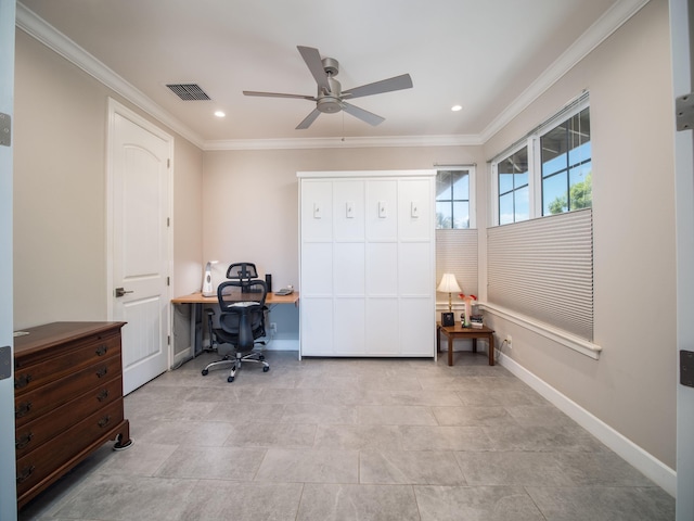 office area featuring ceiling fan and ornamental molding