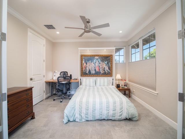 tiled bedroom with ceiling fan and crown molding