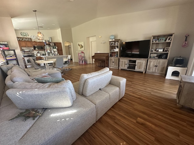 living room with dark wood-type flooring and vaulted ceiling