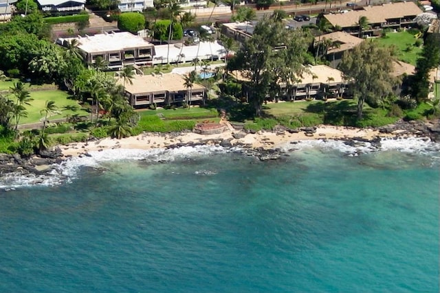 aerial view with a water view and a view of the beach