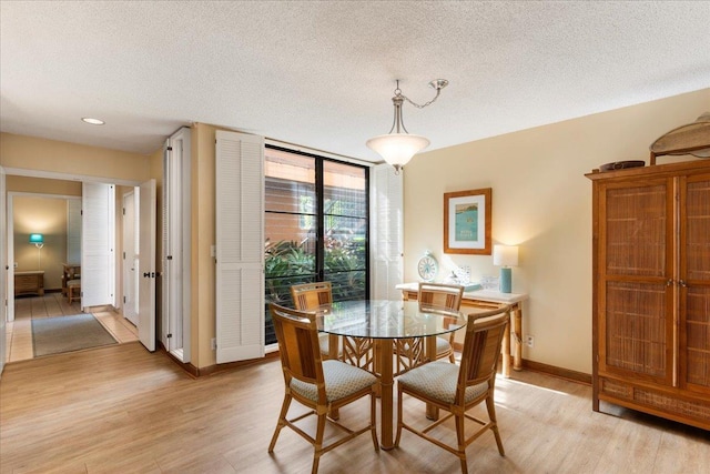 dining area with a wall of windows, light hardwood / wood-style floors, and a textured ceiling