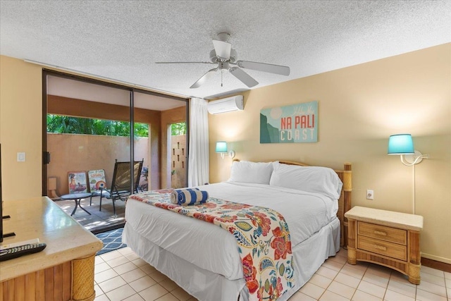 bedroom featuring a wall mounted AC, light tile patterned floors, access to exterior, ceiling fan, and a textured ceiling