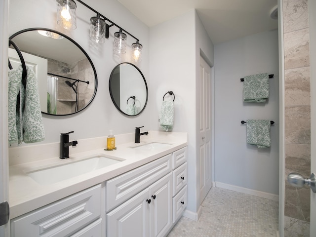 bathroom with tile flooring and double sink vanity