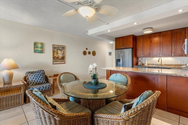 dining area featuring recessed lighting, a ceiling fan, and light tile patterned floors