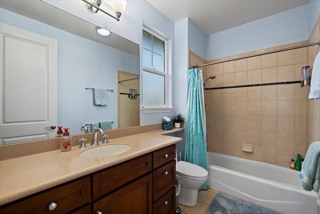 full bathroom with tile patterned floors, shower / bath combo with shower curtain, toilet, and vanity