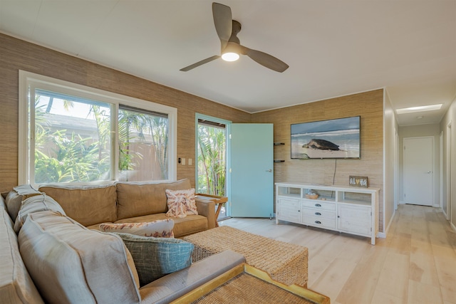 living room with light hardwood / wood-style flooring and ceiling fan