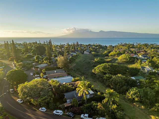 aerial view featuring a water and mountain view