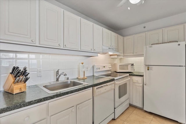 kitchen with sink, backsplash, white cabinetry, light tile patterned flooring, and white appliances