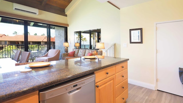 kitchen featuring dishwasher, light hardwood / wood-style floors, wooden ceiling, and a wall unit AC